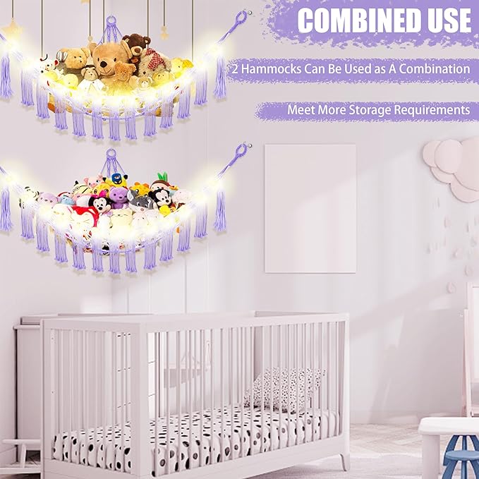 Stuffed Animal Hammock with LED Light, Large Stuffed Animals Storage Corner Plushie Net for Kids Room Decor, Jumbo Purple