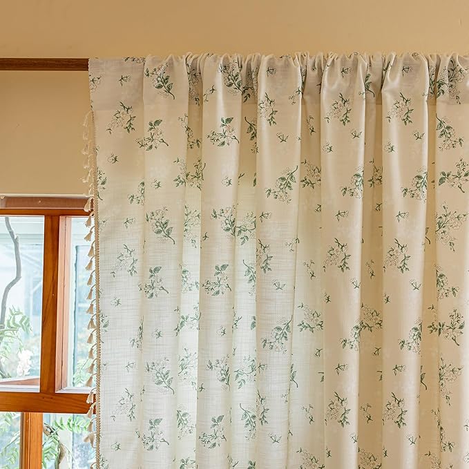 ENJOYBRIDAL White Floral 63 Inch Curtains 2 Panel Set Bedroom Tassel Drapes Short Boho Decor Semi Sheer Window Curtain Panels Living Room Rod Pocket Patterned Cute Rustic Window Treatments