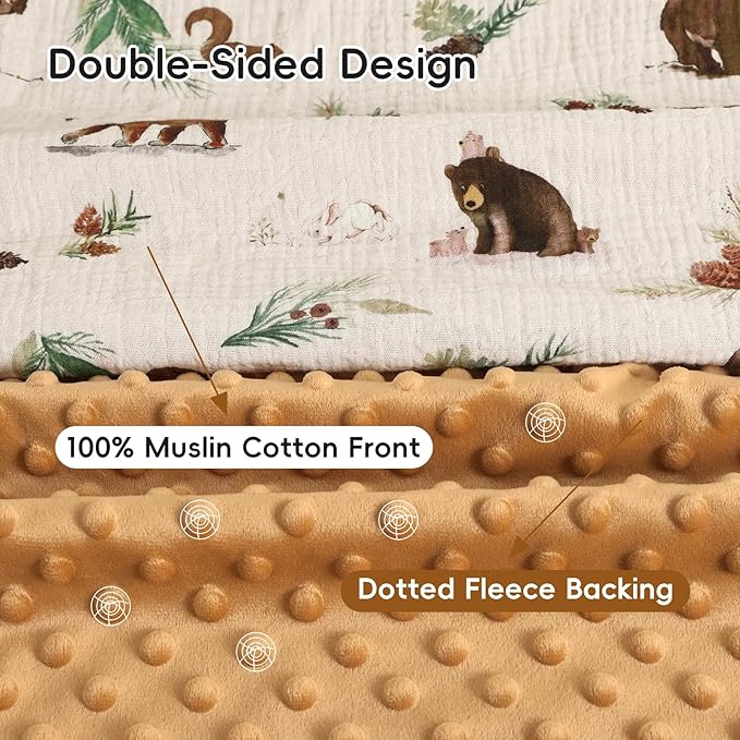 david's kids Muslin Minky Baby Blanket for Boys with Muslin Cotton Front and Dotted Fleece Backing, Breathable and Soft Lightweight Receiving Blanket for Newborns, 30x40 Inches, Woodland Animals
