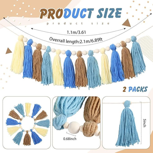 2 Pcs Tassel Garland with Wood Beads, Handmade Cotton Yarn Wall Hanging Banner Boho Tassel Wall Hanging Party Decor for Nursery, Birthday Baby Shower Home Classroom Decoration(Pastel)