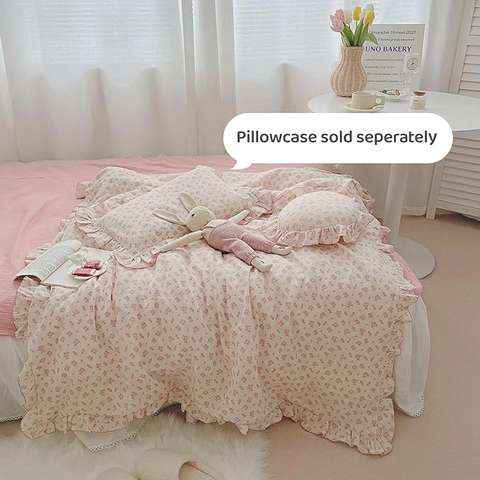 BuLuTu Pink Galsang Flower Print Girls Duvet Cover Twin Size Comforter Cover Gauze Cotton Kids Teens Bedding Vintage Floral Design Quilt Cover with Ruffles, 68"x86", No Pillow Case/Comforter