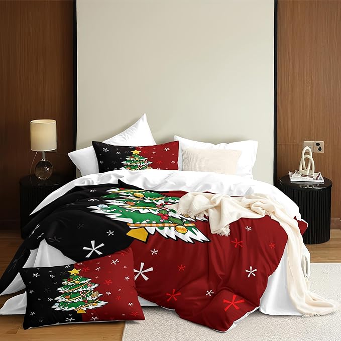 Christmas Duvet Cover Queen Size Black Red Christmas Tree Bedding Set 3 Pcs Kids Boys Girls Xmas Couple Holiday Comforter Cover with Zipper Closure