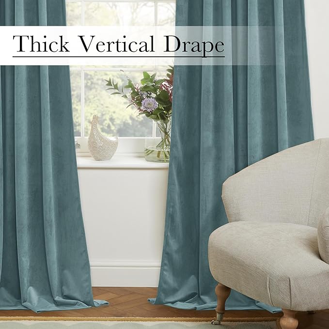 StangH Dark Slate Velvet Curtains 52 x 84, Room Darkening Super Soft Drapes for Bedroom Living Room, Thermal Insulated Window Treatment, 2 Panels