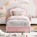 GarveeHome Upholstered Twin Bed Frame with Led Lights and Storage Drawer, Cute Velvet Led Bed Frame with Headboard for Kids, Girls, Boys, No Box Spring Needed, Wooden Slats, Noise Free, Pink