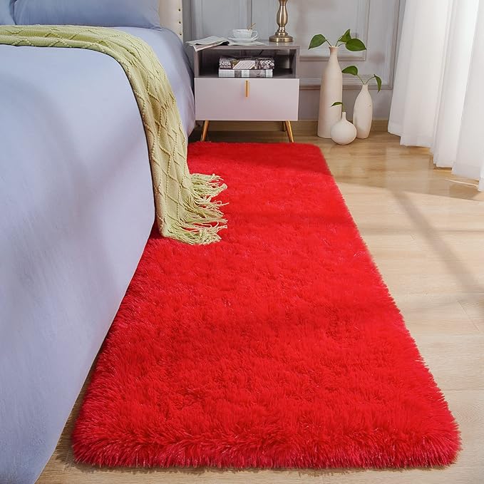 BENRON Fluffy Runner Rugs 2x4, Soft Long Runners for Bedroom Hallyway Entryway Kitchen, Washable Fuzzy Throw Rug for Kids Girls Room Decor Photo Prop, Red