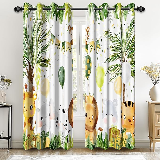 Renaiss 42 x 96 Inch Rainforest Safari Animal Curtains African Jungle Tropical Lions Tigers Elephants Giraffes Palm Trees Pattern Polyester Fabric Grommet Window Drapes for Nursery Bedroom 2 Panels