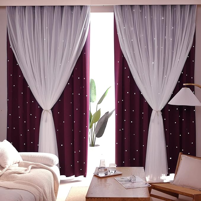 Kinryb Kids Blackout Curtains for Bedroom/Living Room/Classroom, Sheer Overlay 2 Free Tiebacks, Double Layer Curtains with Star Cutout for Kids Room(Each Piece W 70 x L 72 Inches 2 Pcs Red)