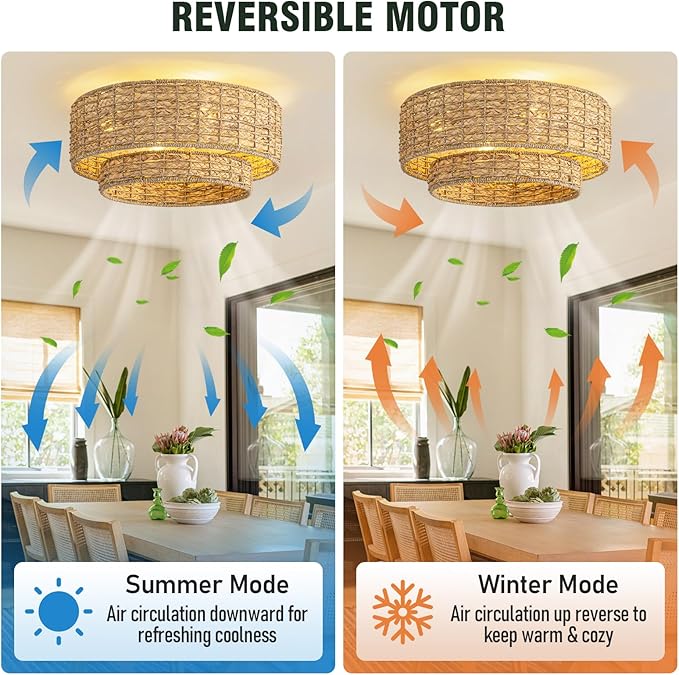 Boho Caged Ceiling Fans with Lights Flush Mount,Layered Rattan Ceiling Fan with Light Remote Control,Reversible 6 Speeds for Bedroom,Nursery,Living Room