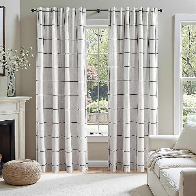 MYSKY HOME 100% Blackout Plaid Farmhouse Linen Curtains 102 Inch Long for Living Room Double Layer Windowpane Drapes Thermal Insulated Privacy Protection Rod Pocket Back Tab, 2 Panels, 52" W, Black