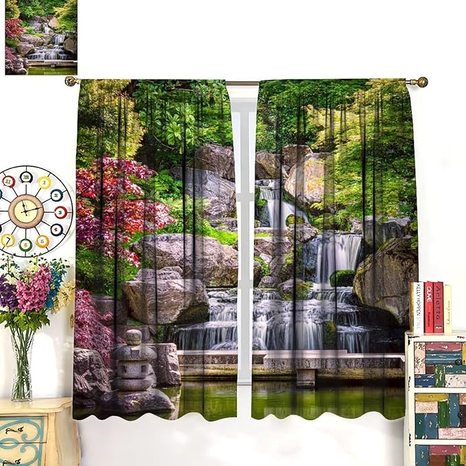 View Waterfall Blackout Curtains, Forest Waterfall Retro Style Natural Scenery Garden Art Landscape Rod Pocket Window Drapes, for Living Room Bedroom 42" W X 54" L