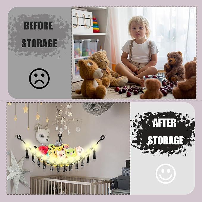 Stuffed Animal Hammock with LED Light, Large Stuffed Animals Storage Corner Plushie Net for Kids Room Decor, 2 Packs Black