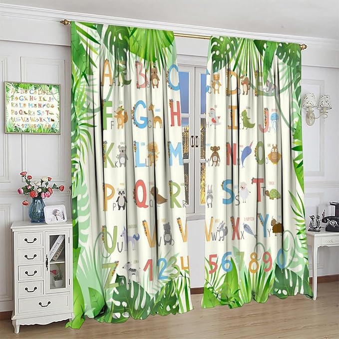Kids Animal Alphabet Curtain Tropical Plant Alphabet Educational Printed Rod Pocket Blackout Window Drapes for Bedroom Living Room Nursery School 42" W X 45" L