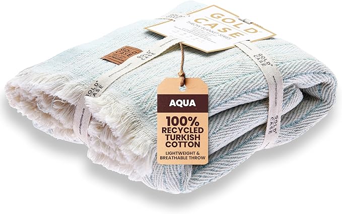 Gold Case Throw Blanket for Couch - 100% Recycled Turkish Cotton Blankets & Throws - Vintage Soft Throw Blankets for Living Room - Boho Decorative Woven Couch Blanket - 50x60 - Aqua