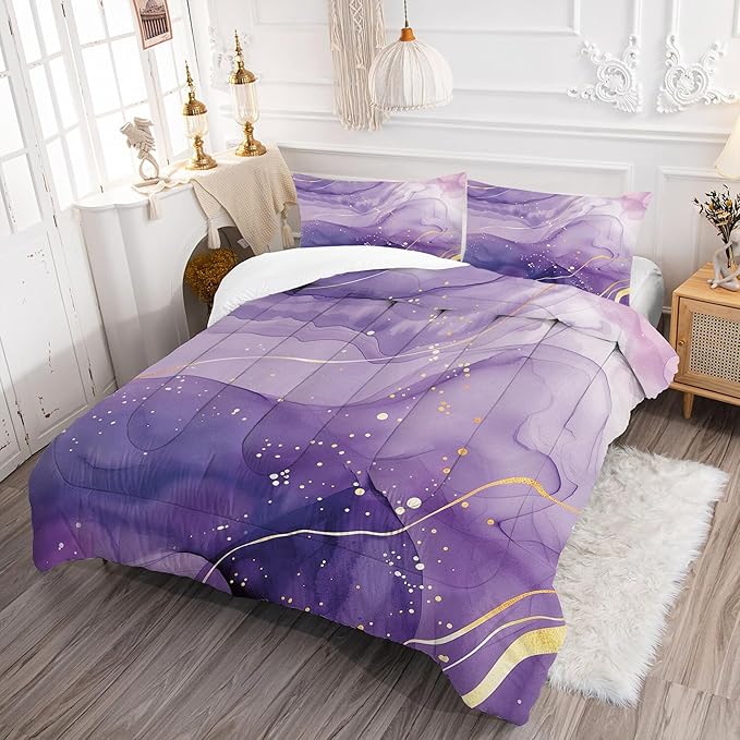 Purple Comforter Set King: Light Purple Marble Bedding Sets Abstract Artwork Gold Glitter Marbling Quilts Watercolor Aesthetic Bed Set for Women Adults Home Decor 3 Piece