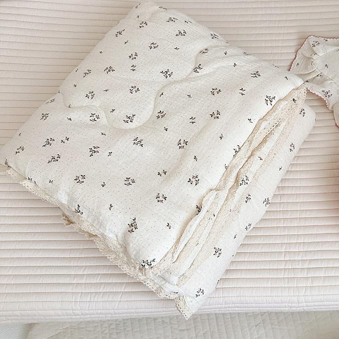 BuLuTu Pink Flower Toddler Blanket Double Layers Cotton Muslin Quilted Blanket Toddler Girls Boys Comforter (No Pillow) Kids Room Decor, Primrose Pattern, 47"x59"