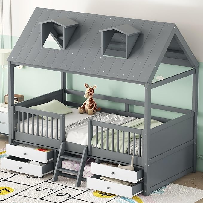 Merax Twin Size House Bed Frame with Full-Length Fence and 4 Storage Drawers, Kids Playhouse Tent Bed with Roof and 2-Step Ladder for Children Boys Girls Teens Bedroom, Solid Wood Slats Support, Gray