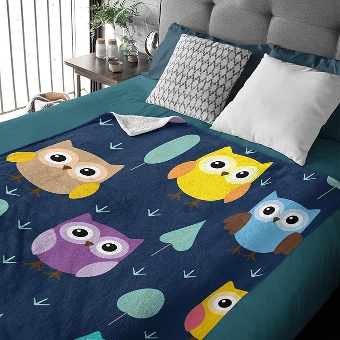 Thuswarm Cute Colorful Owl Flannel Blanket for Autumn Winter Gifts Warm Cozy Soft Funny Print Throw for Bed Couch Sofa 60”×50” Medium for Teen