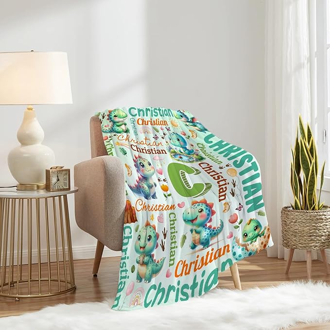 Personalized Custom Green Dinosaur Blanket Gifts for Kids Boys Girls with Name - Customized Green Dinosaur Super Soft Lightweight Flannel Sheets Decor for Crib Nap Couch - 60"x80" for Adult