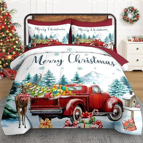 7 Pcs Queen Size Christmas Comforter Set with 2 Pillowcases & 2 Shams, Red Vintage Truck Elk Bedding for Kids and Adults, Winter Forest Bed in a Bag with Flat Fitted Sheet