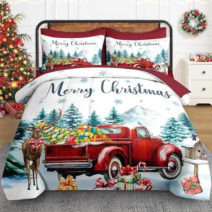 7 Pcs King Size Christmas Comforter Set with 2 Pillowcases & 2 Shams, Red Vintage Truck Elk Bedding for Kids and Adults, Winter Forest Bed in a Bag with Flat Fitted Sheet