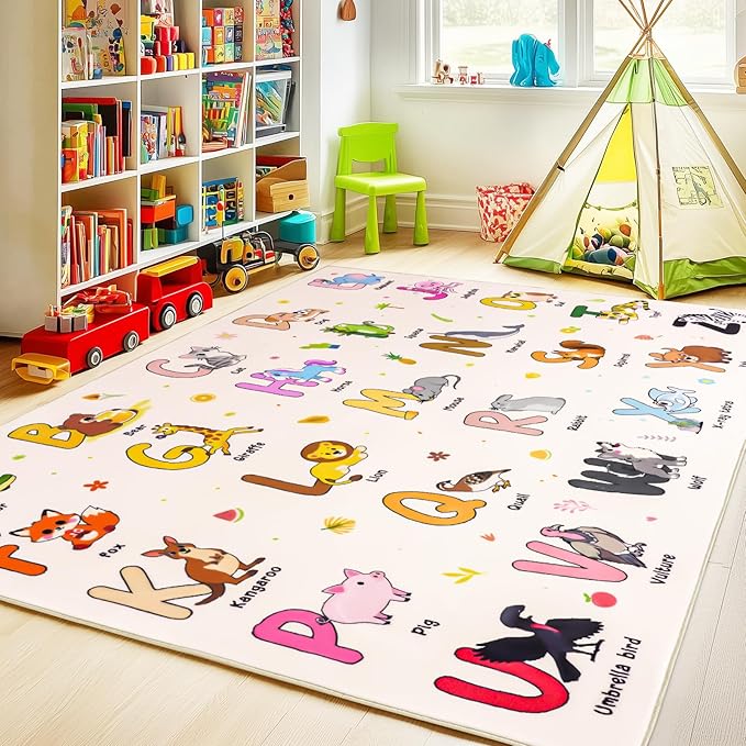 Kids Rugs for Playroom, 5x7 Feet Educational Rug for Learn The ABC Alphabet, Soft Machine Washable Non-Slip Cute Cartoon Animals Carpet for Classroom Toddler Nursery Kids Room Decor, Beige