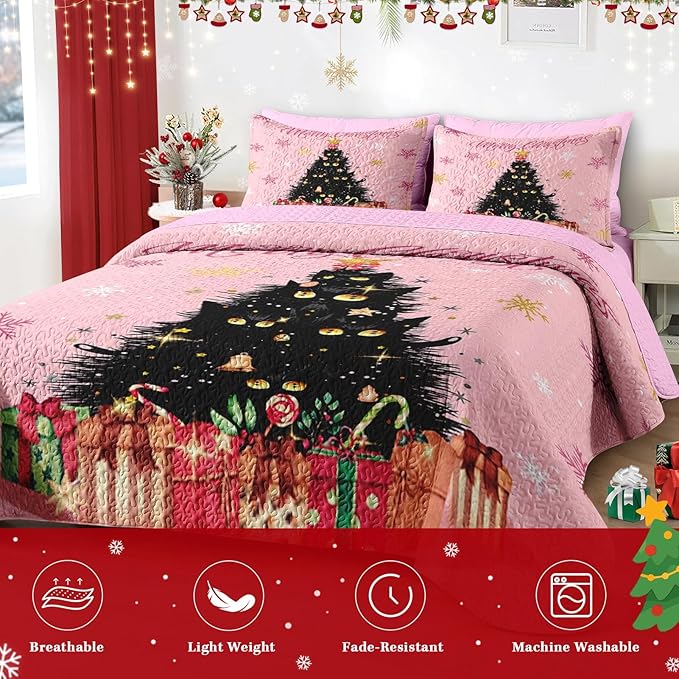 Christmas Full/Queen Size Quilt Set, Black Cat Xmas Trees Lightweight Bedspread Coverlet with Pillow Shams for Kids and Adults, Pink Snowflakes 3 Pcs Bedding Bed Cover