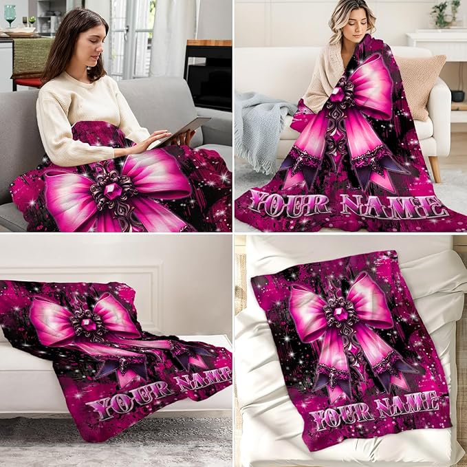 Custom Bow Blanket for Girls - Bow Blankets Gifts for Toddler, Kids - 40" x 50" Cozy Flannel Preppy Throws Stuff for Couch, Travel