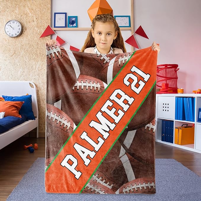 Personalized Football Baby Blanket Gifts: Custom Soft Flannel Fabric Blankets with Name Number for 0-6 Years Kids Boys Girls - Warm and Comfortable(60X80inch)