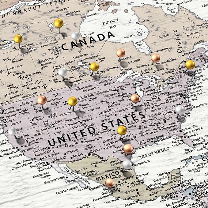 ElephantStock - Personalized Leave A Trail Iii Push Pin World Map Wall Art - Horizontal Canvas Wall Art - Living Room Wall Decor - Digital Art Map Canvas Art - White And Gray Decor - 24" x 16"