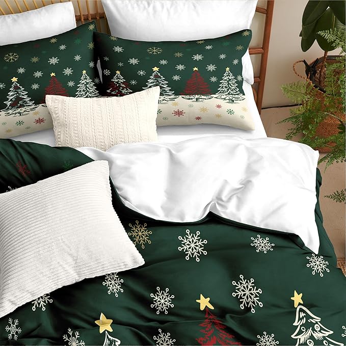Christmas Duvet Cover Full Size Green Christmas Tree Bedding Set Kids Boys Girls Xmas Holiday Cartoon Snowflake Comforter Cover 3 Pieces with Zipper Closure (No Comforter)