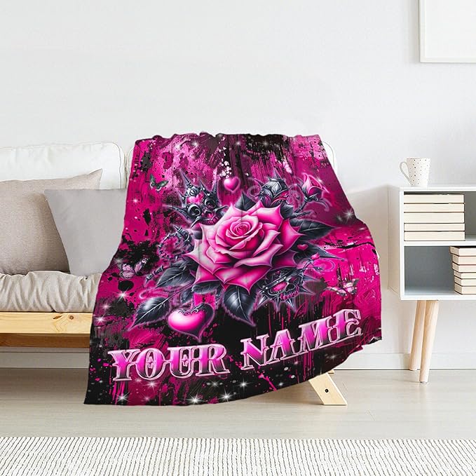 Personalized Rose Blanket - 30" x 40" Flower Gifts for Girls, Kids - Black Flannel Throw Stuff for Sofa, Travel