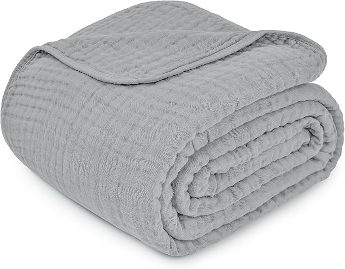 Comfy Cubs Muslin Throw Blanket - 50” x 60” Quilted Design - Lightweight, Breathable 6-Layer Gauze Fabric - Soft Cotton Blanket for Home or Travel - Packaged in Elegant Gift Box - Heather Blue