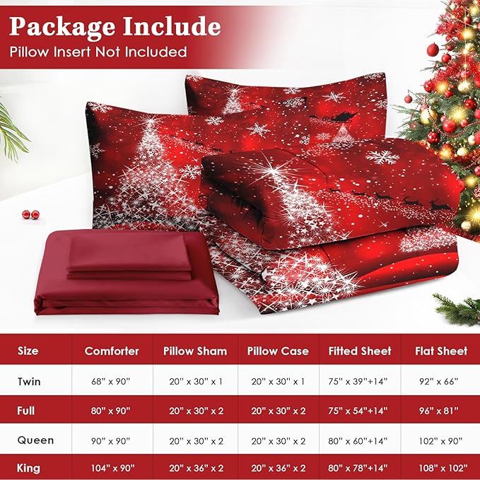 5 Pcs Twin Size Christmas Comforter Set with Pillowcase & Sham, Glitter Pine Tree Bedding for Kids and Adults, Winter Elegant Snowflake Bed in a Bag with Flat Fitted Sheet
