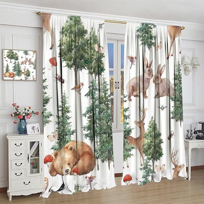 YCness Forest Animal Curtains, Wild Animals Watercolor Woodland Bear Rabbit Cartoon Window Treatments for Kids Bedroom Living Room Kitchen Living Room Drapes, 42x45 Inch