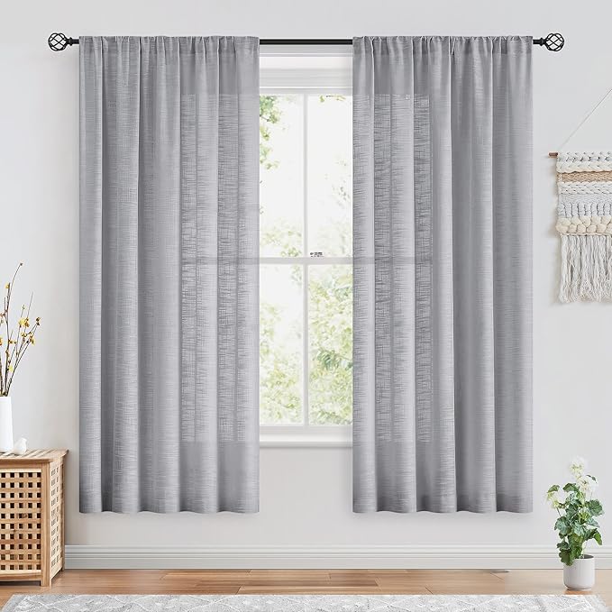 FMFUNCTEX Linen Semi Sheer Grey Curtains for Bedroom Living Room, Gray Curtain Panels 63 Inch Length Sheer Linen Textured Window Drapes Farmhouse Light Filtering 2 Panels Rod Pocket