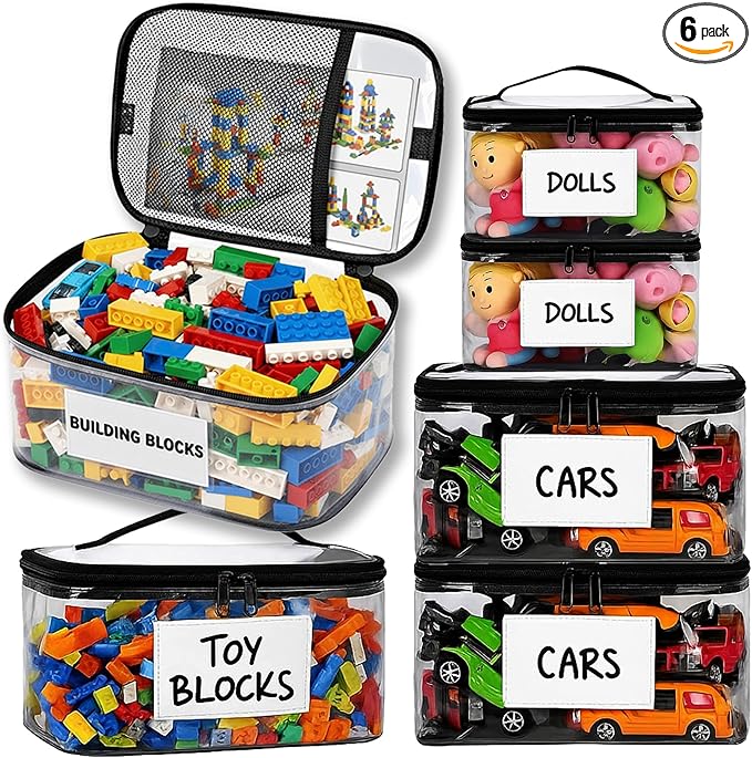 6 Pack Extra Large Clear Toy Storage Bags with Tag and Manual Pocket – Versatile Waterproof Organizer Bags for Lego Bricks, Board Games, Building Blocks, Puzzles, Dolls, Books (Mixed Sizes)