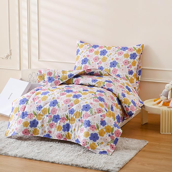 LONAVA Twin Kids Comforter Set - 4 Pieces Twin Bedding Sets for Boys Girls Children, Ultra Soft Microfiber Bed in A Bag with Flat Fitted Sheets, Flower