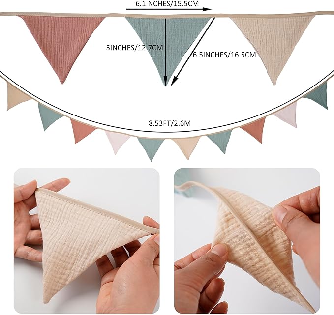 Fabric Bunting Banner, 2 Pack Handmade Neutral String Banner Each 8.5 ft 10 Flags Nursery Wall Hanging Wedding Birthday Home Baby Shower Party Decoration Bunting (Orange Grey)