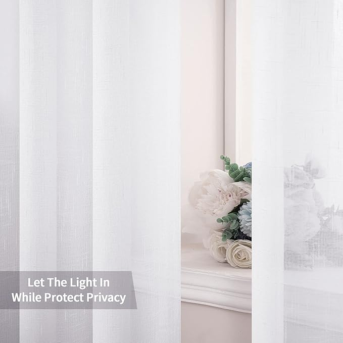 MIULEE 2 Panels 84 Inch Farmhouse Linen Sheer Window Curtains - Elegant Solid White Drapes With Grommet Top - Linen Textured Voile for Bedroom Living Room (52 X 84 Inch)