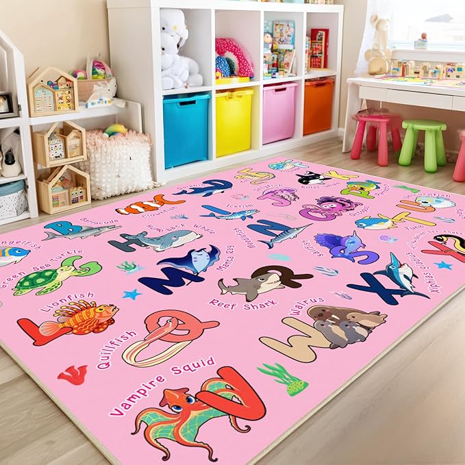 Kids Rug for Playroom, 5x7 Feet Educational Rug for Learn The ABC Alphabet, Soft Machine Washable Non-Slip Cute Marine Organisms Carpet for Classroom Toddler Nursery Kids Room Decor Mat, Pink