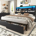 King Bed Frame with Headboard, LED Bed Frmaes with Bookcase Storage and Charging Station, Metal Platform Bed with 2 Storage Drawers, No Box Spring Needed, Black