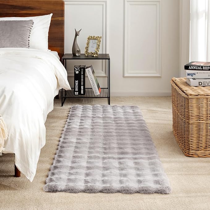 Ashler Home Deco Faux Fur Area Rug, Light Grey, 3' x 2' (Rectangular), Fluffy, Machine Washable, Non Slip