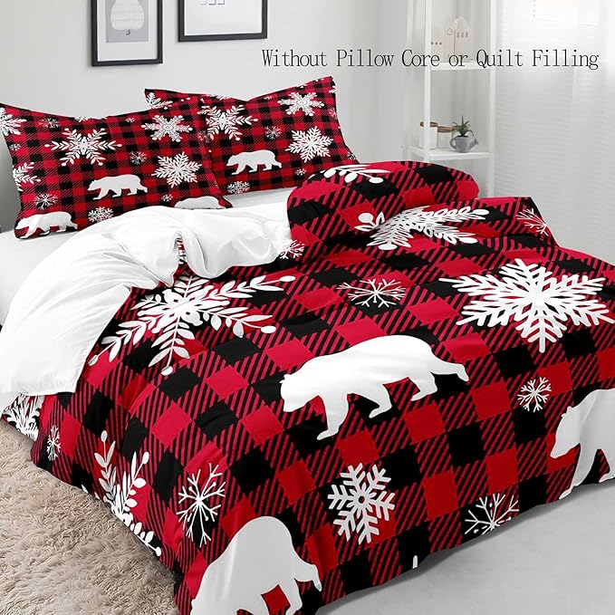 LUVIVIHOME 3PCS Christmas Duvet Cover King Bedding Set, White Snowflake Bear Woodland Animals Cabin Lodge Holiday New Year Xmas Checkered Black Red Buffalo Plaid Comforter Quilt Cover, 2 Pillow Cases