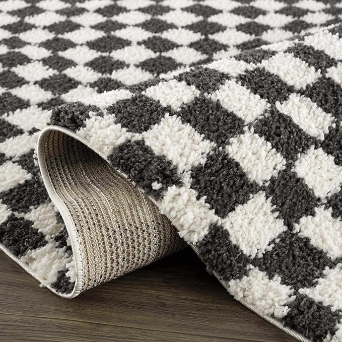 Hauteloom Kieu Contemporary Checkered Fluffy Shag Area Rug - Modern Geometric Soft Carpet Tiles for Living Room, Kids Room, Nursery - Black, White - 7'10" x 10'