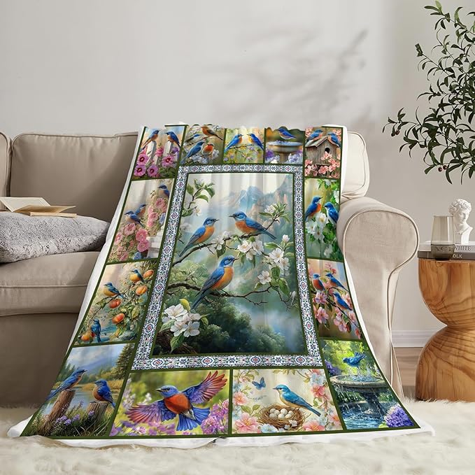Blue Hummingbirds Blanket Moutain Flowers Bird Throw Blankets Gifts for Girls Boys Women Cozy Warm Soft Fuzzy Flannel Throw Plush Stuffed Animal Fleece Gifts for Kids Men Women for Sofa Bed 50" x40"
