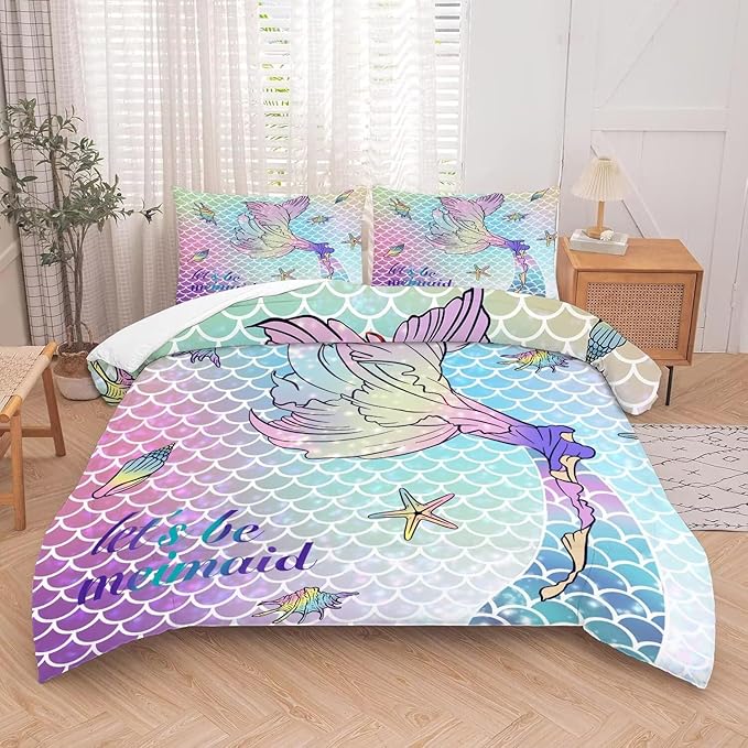 kxry Mermaid Tail Comforter Set King Size Gradient Fish Scales Sea Bedding Sets for Girls Teens Kids Ocean Starfish Conch Soft Microfiber Lightweight Comforter Set with 1 Comforter + 2 Pillow Cases