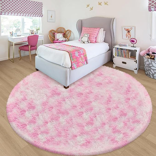 7 ft Large Fluffy Round Pink Area Rugs for Girls Bedroom, Colorful Soft Shaggy Circular Rug Plush Fluffy Circle Carpet Fuzzy for Nursery Baby Toddler Room Playroom Dorm Iving Room Home Decor