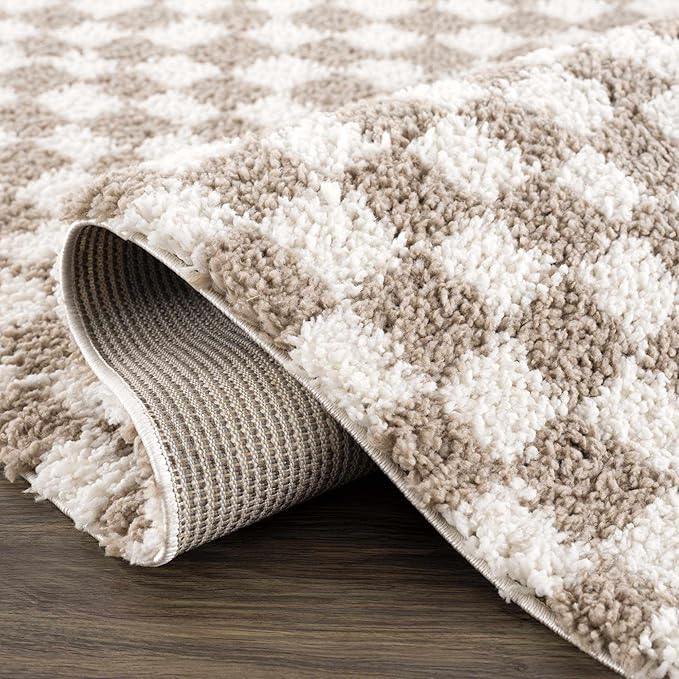 Hauteloom Kieu Contemporary Checkered Fluffy Shag Area Rug - Modern Geometric Soft Carpet Tiles for Living Room, Kids Room, Nursery - Gray, Taupe, White - 18" Sample