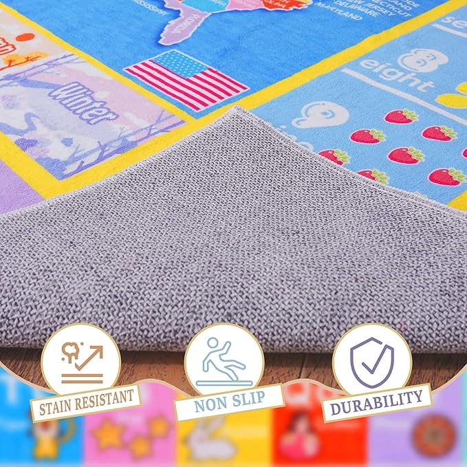 Kids Rugs for Playroom - Soft & Non-Slip 9x12 Feet Educational Rug for Learning ABC Alphabet, Numbers, Shapes & Map, Washable Classroom Rug for Toddler Nursery & Kids Room Decor