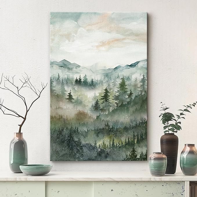 SIGNWIN Canvas Print Wall Art Misty Forest Landscape Watercolor Serene Mountain Pine Trees in Fog Illustrations Modern Art Decorative Landscape for Living Room, Bedroom, Office - 12"x18"
